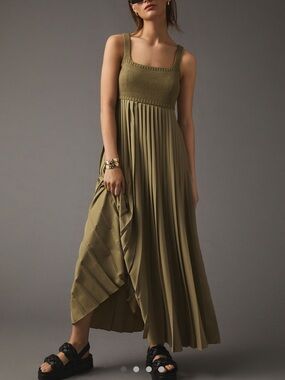 Anthropologie Olive Pleated Maxi Dress